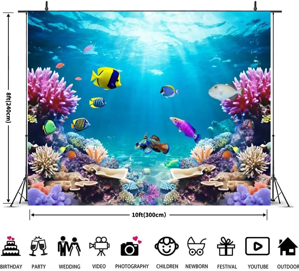 Under The Sea Backdrop 10x8ft Ocean Backdrop Underwater World Deep Sea Sunlight Tropical Fish Aquarium Photography Background Birthday Ocean Theme Party Decorations Photo Props