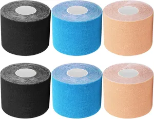 Upgraded Waterproof Athletic Tape Roll, 2 Inch Uncut 6 Roll (2X Beige, 2X Black, 2X Blue), 2" Kinesiology Tape Sports Tape for Pain Nude Knee Sport Tape Therapeutic for Muscle Joint Support