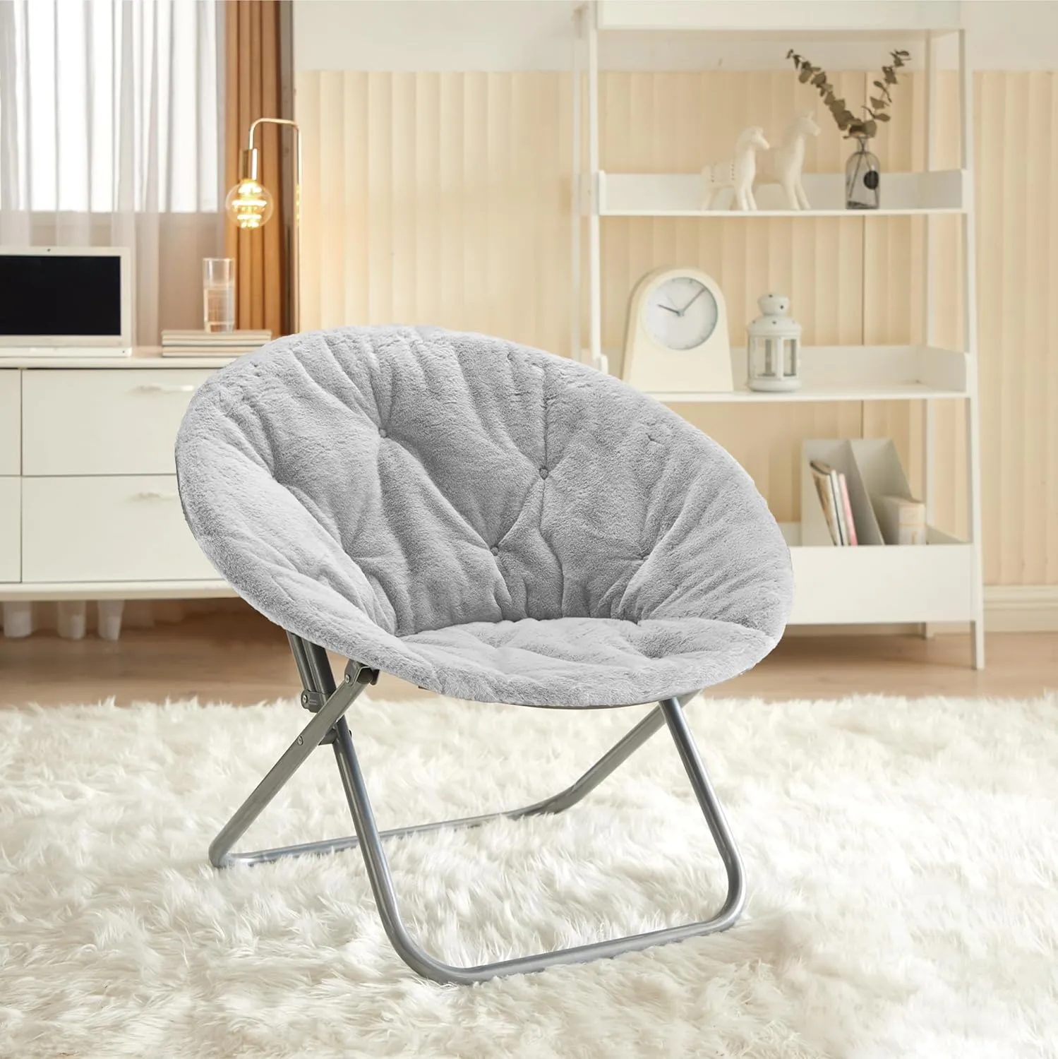 Urban Lifestyle Faux Fur Saucer Chair – 29"x32"x22" Folding Accent Chair for Teens & Adults, Soft Plush Seat, Lightweight & Comfortable – Grey