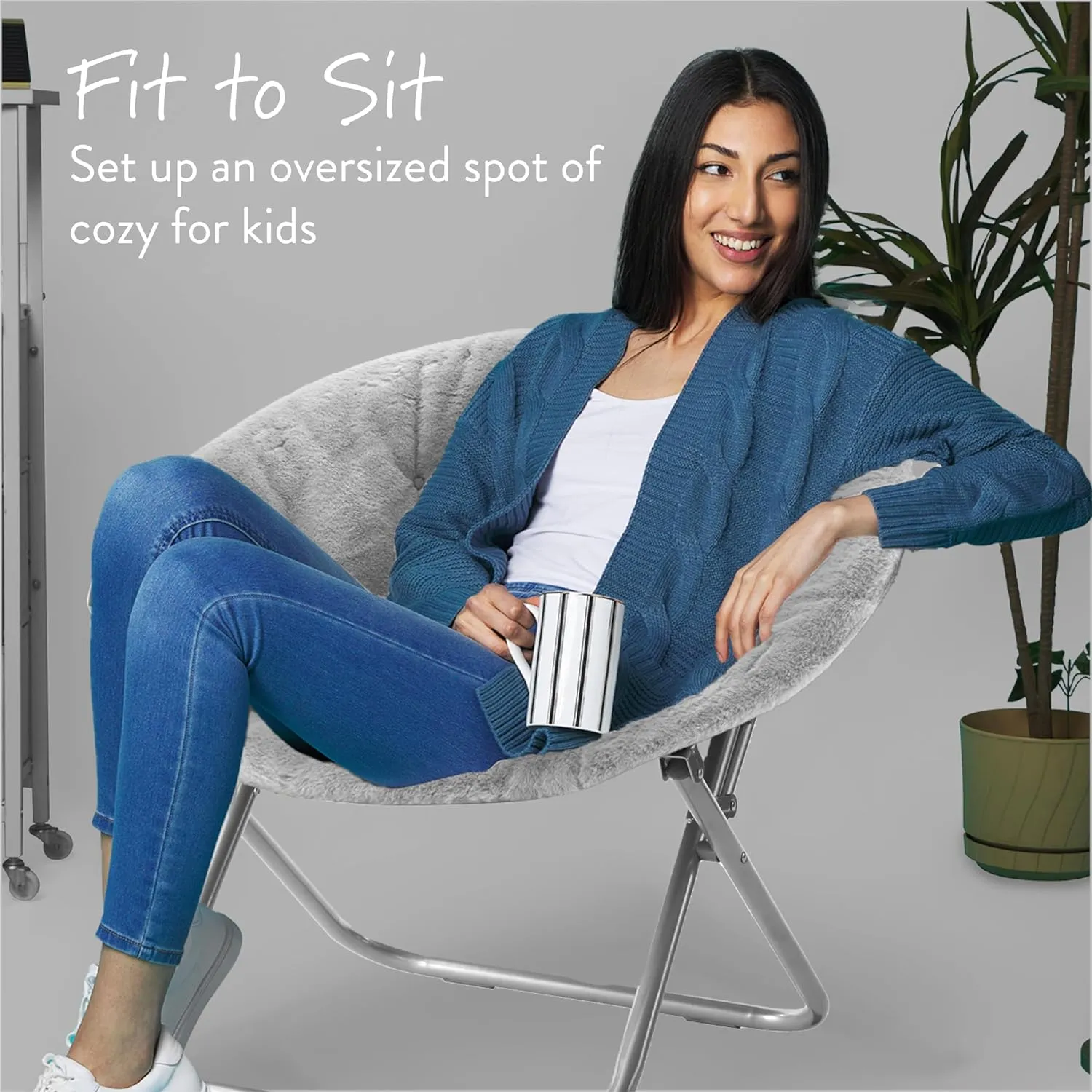 Urban Lifestyle Faux Fur Saucer Chair – 29"x32"x22" Folding Accent Chair for Teens & Adults, Soft Plush Seat, Lightweight & Comfortable – Grey