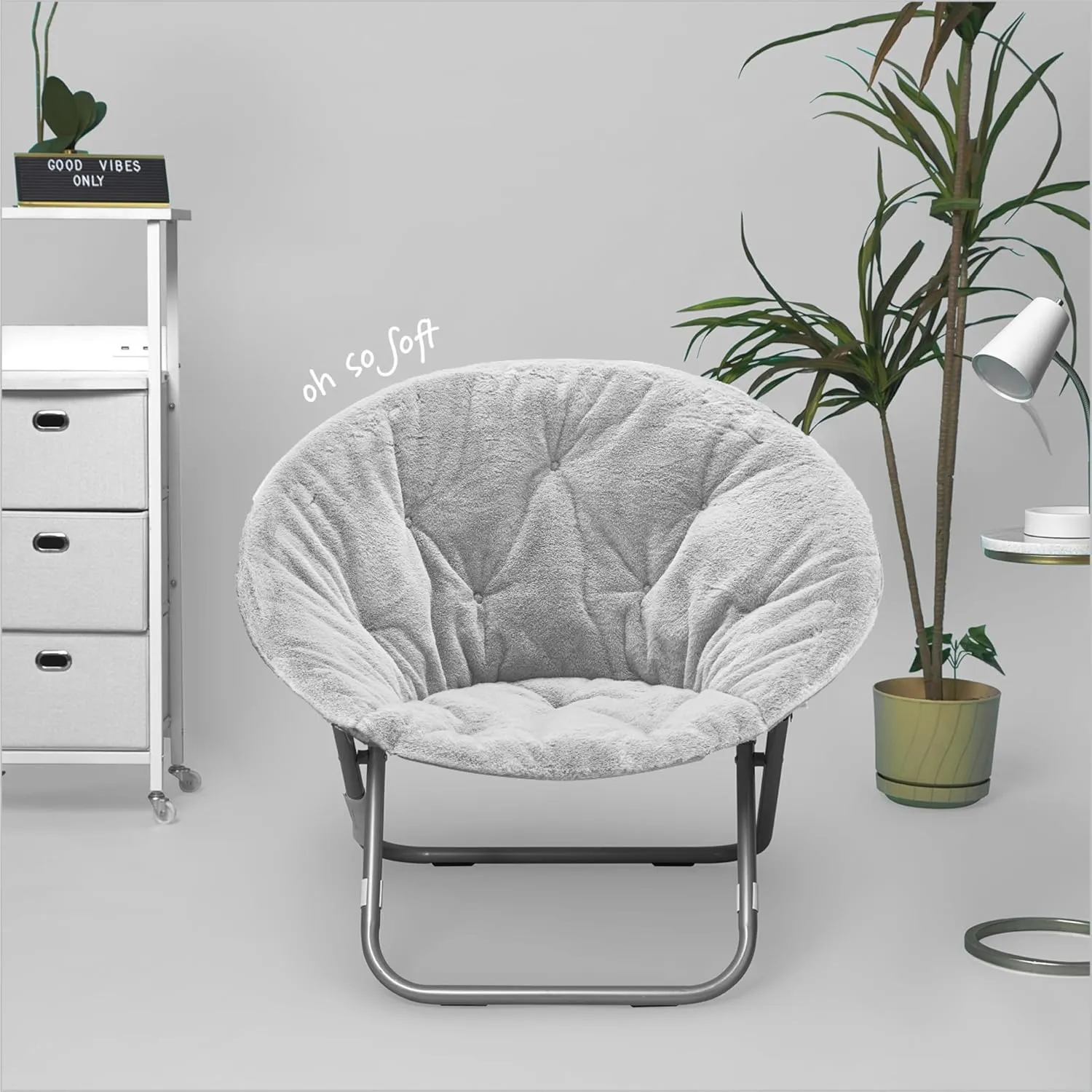 Urban Lifestyle Faux Fur Saucer Chair – 29"x32"x22" Folding Accent Chair for Teens & Adults, Soft Plush Seat, Lightweight & Comfortable – Grey