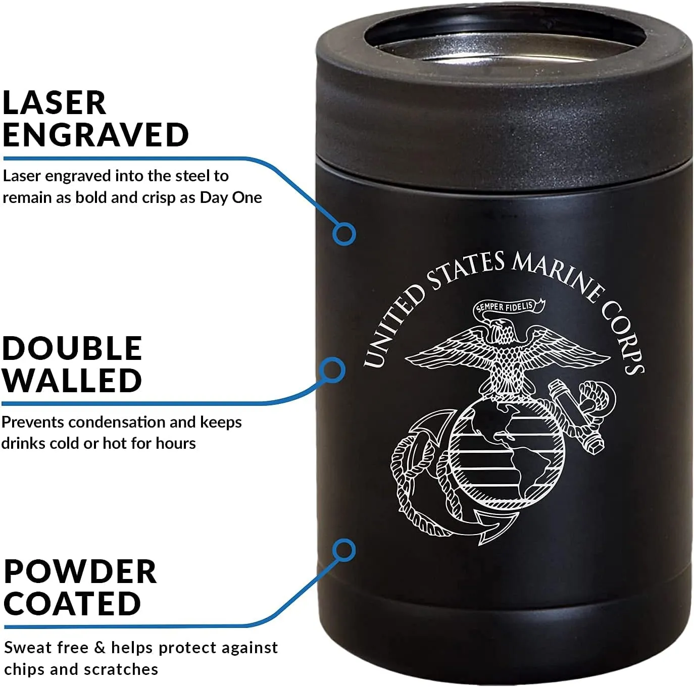 USMC Can Cooler - Insulated Stainless Steel Marine Corps Bottle Cooler - Insulated Marine Corps Drink Cooler | Disabled USMC Vet Owned SMALL Business