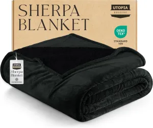 Utopia Bedding Sherpa Blanket Full Size (Black, 90x84 Inches) - Soft Lightweight Plush Fleece Reversible Blanket for Bed, Sofa, Couch, Camping and Travel