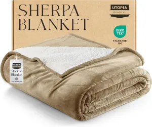 Utopia Bedding Sherpa Blanket Full Size (Camel, 90x84 Inches) - Soft Lightweight Plush Fleece Reversible Blanket for Bed, Sofa, Couch, Camping and Travel