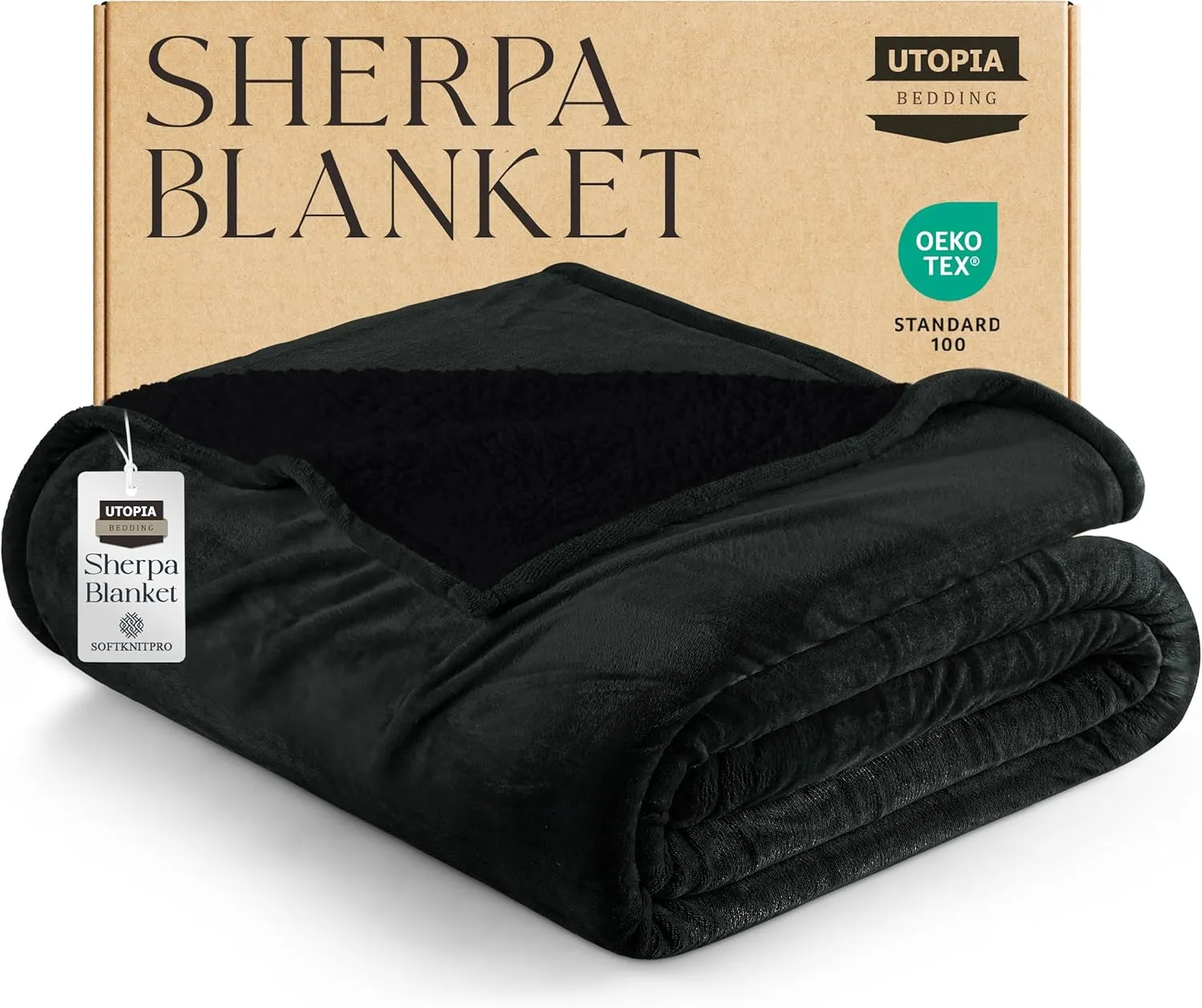Utopia Bedding Sherpa Blanket Queen Size (Black, 90x90 Inches) - Soft Lightweight Plush Fleece Reversible Blanket for Bed, Sofa, Couch, Camping and Travel