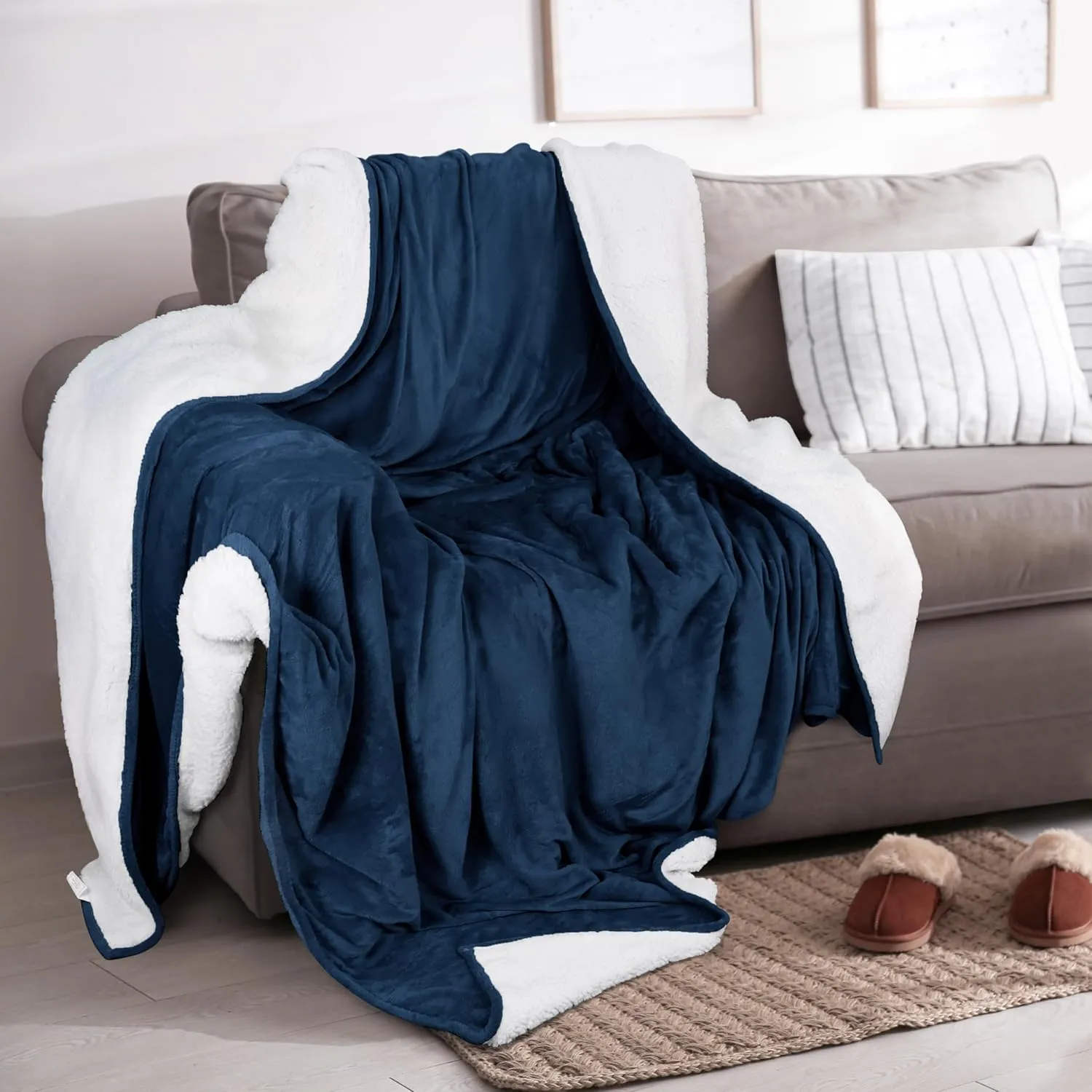 Utopia Bedding Sherpa Blanket Queen Size (Navy, 90x90 Inches) - Soft Lightweight Plush Fleece Reversible Blanket for Bed, Sofa, Couch, Camping and Travel