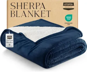 Utopia Bedding Sherpa Blanket Queen Size (Navy, 90x90 Inches) - Soft Lightweight Plush Fleece Reversible Blanket for Bed, Sofa, Couch, Camping and Travel