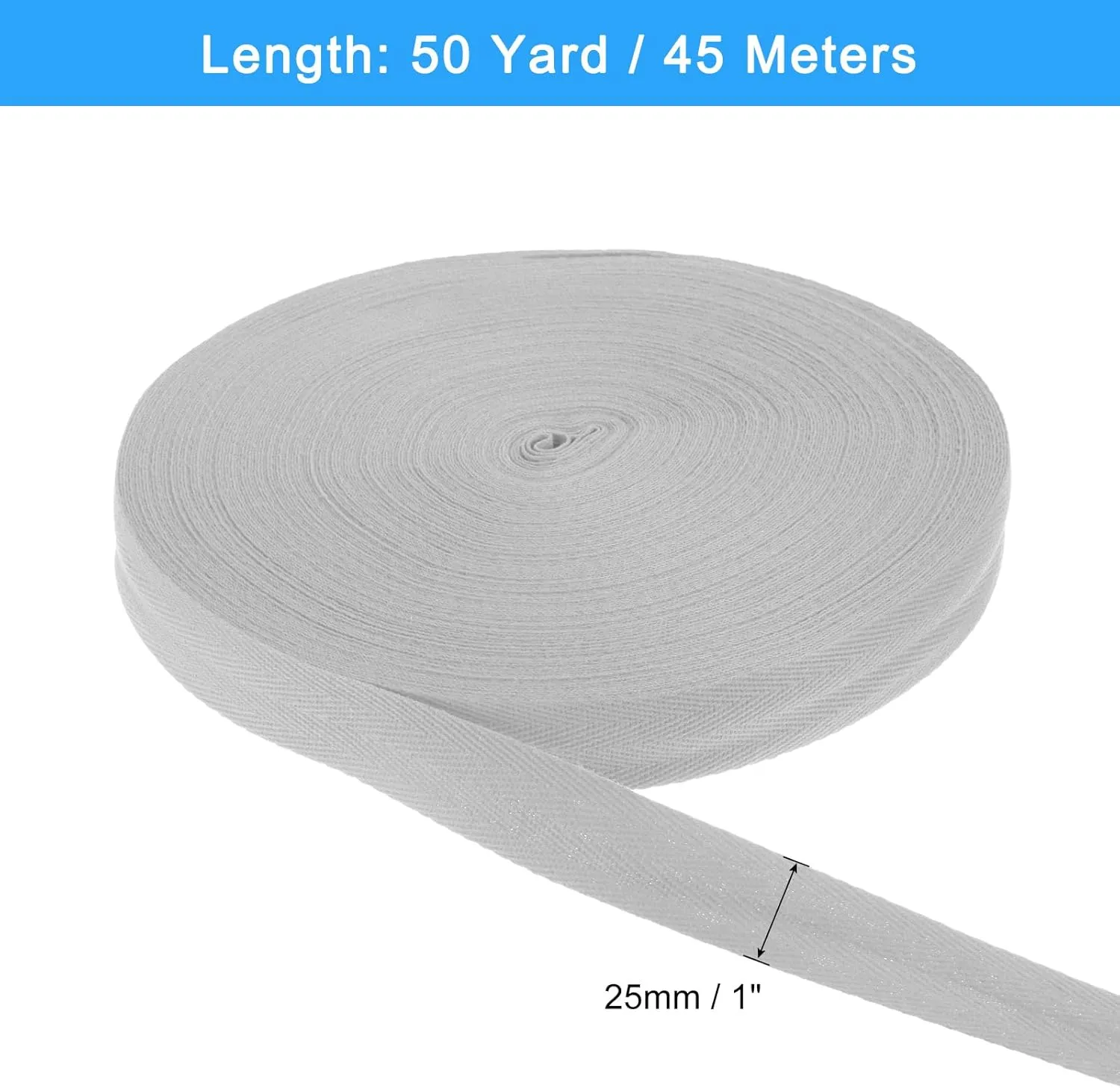 uxcell 50 Yards Cotton Twill Tape, 1-inch Herringbone Webbing Ribbon Bias Binding Tapes for Clothes Sewing, DIY Crafting (Gray White)