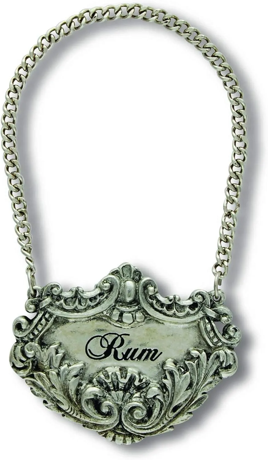Vagabond House Medici Pewter RUM Decanter Tag/Liquor Bottle Label - Handcrafted Quality Detail Embossed Engraved 2.5 inch Wide