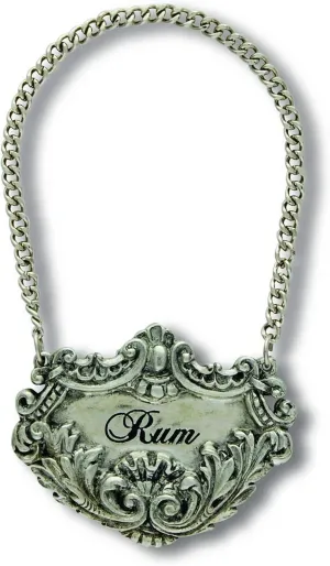 Vagabond House Medici Pewter RUM Decanter Tag/Liquor Bottle Label - Handcrafted Quality Detail Embossed Engraved 2.5 inch Wide