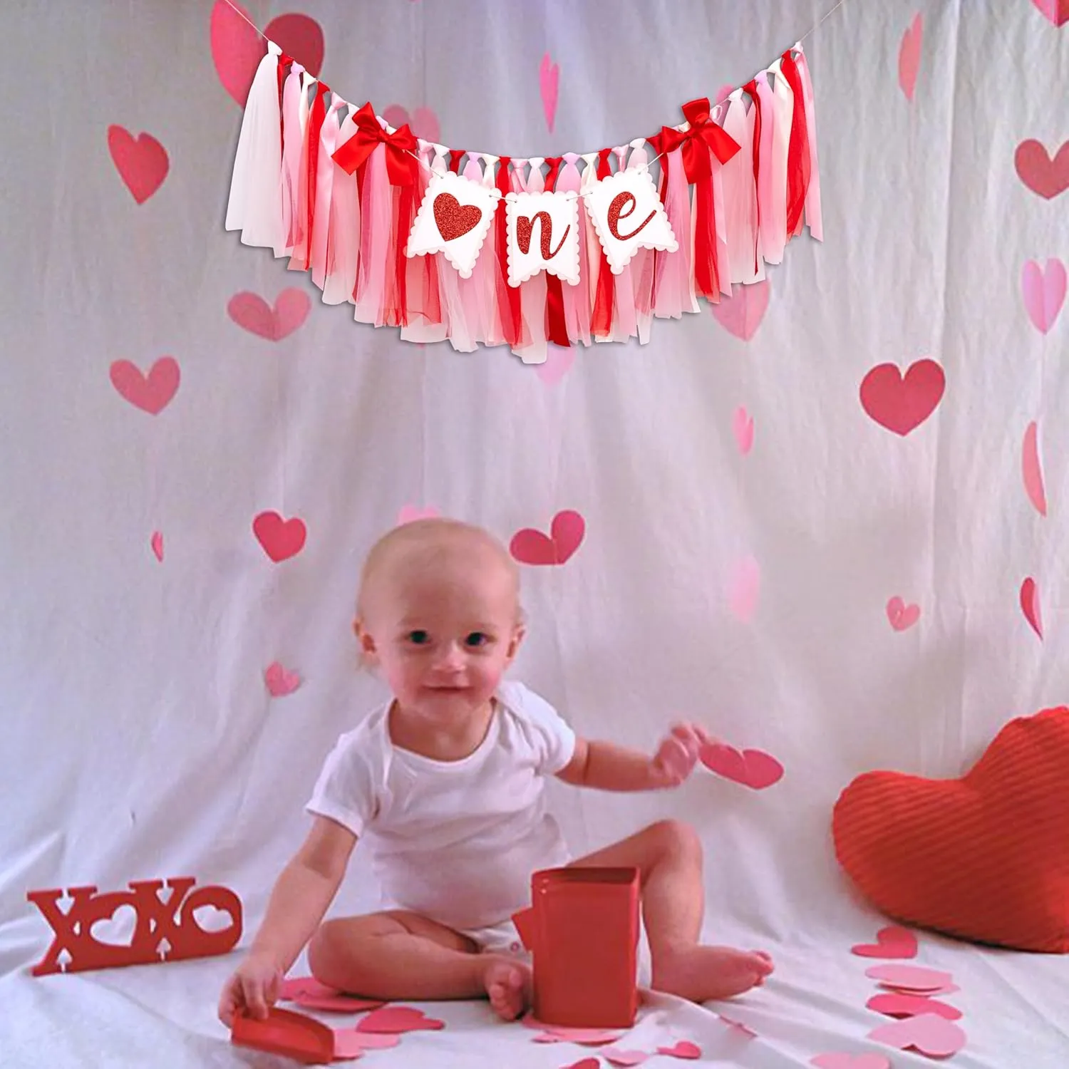 Valentine Day One High Chair Banner - Valentine's Day 1st Birthday Party Decorations, Sweet First Birthday Party Supplies, Valentine Day Love Sign Anniversary Photo Background Props
