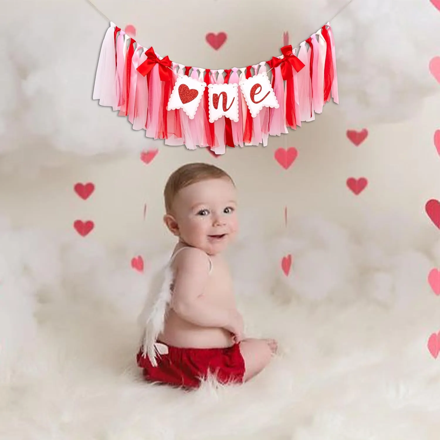 Valentine Day One High Chair Banner - Valentine's Day 1st Birthday Party Decorations, Sweet First Birthday Party Supplies, Valentine Day Love Sign Anniversary Photo Background Props