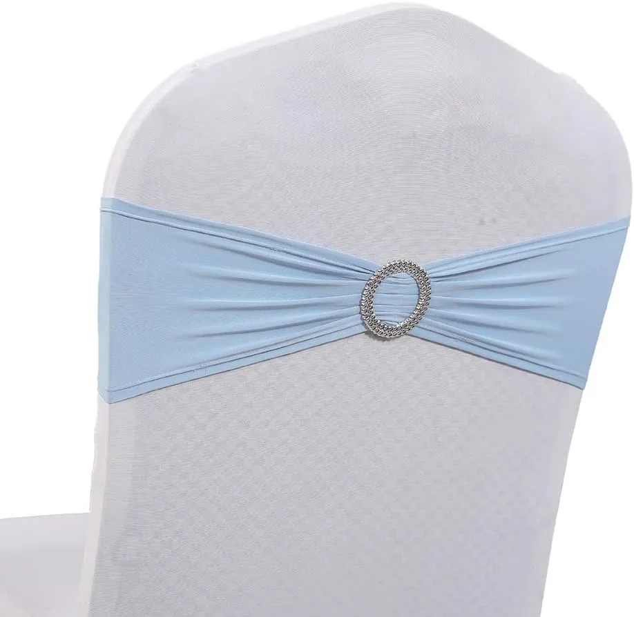 VDS - Baby Blue | Spandex Chair Sashes Bows | 100 PCS | Stretch Elastic Banquet Universal Folding Chair Band Tie with Silver Buckle Slider for Wedding Party Conference Celebration Event Decoration