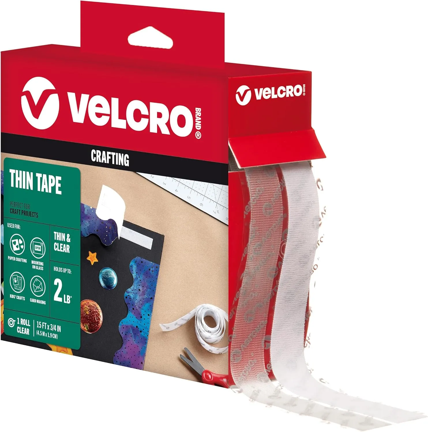 VELCRO Brand Thin Clear Tape | 15 Ft x ¾” | Cut Strips to Length | Home Office or Crafts Fastening Solution | Large Roll, 91325