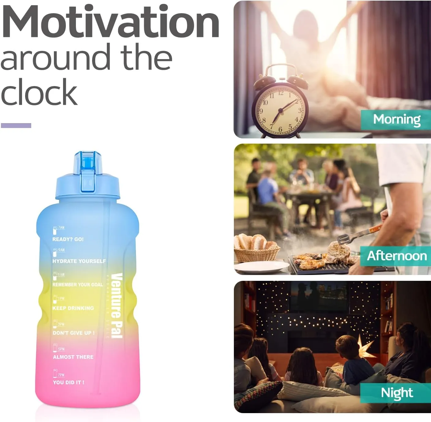 Venture Pal Large 64 & 128 OZ Water Bottle with Straw Motivational Gallon Water Bottle with Time Marker Water Jug for Drinking Home Office & Sports