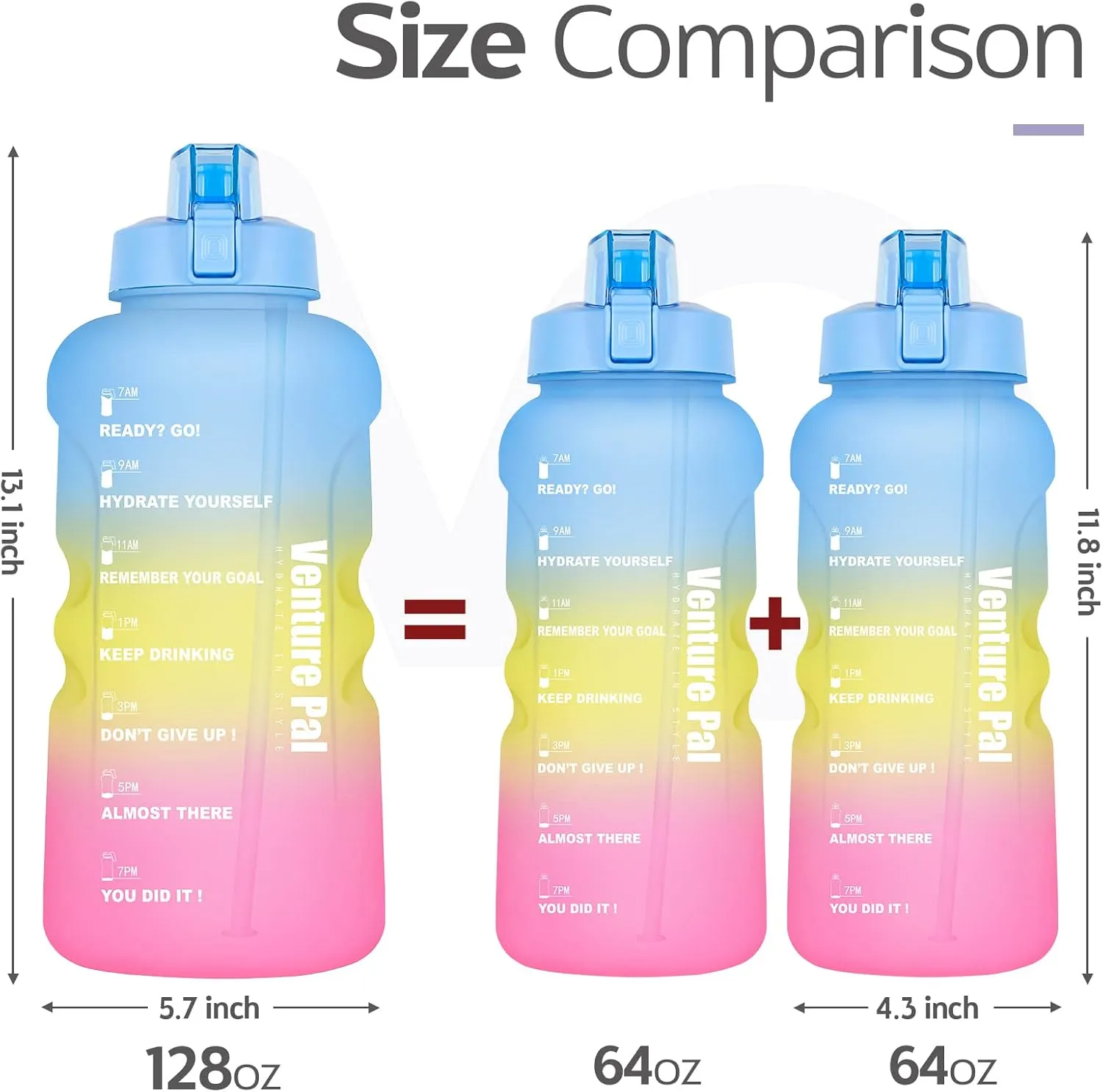 Venture Pal Large 64 & 128 OZ Water Bottle with Straw Motivational Gallon Water Bottle with Time Marker Water Jug for Drinking Home Office & Sports