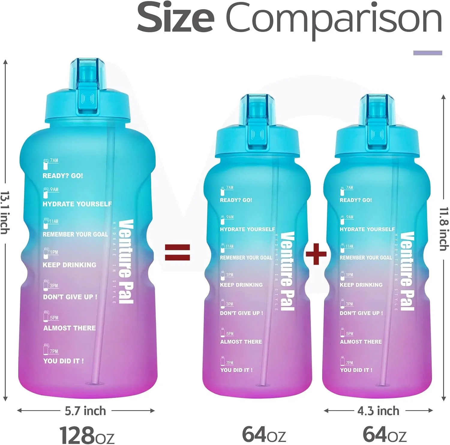 Venture Pal Large 64 & 128 OZ Water Bottle with Straw Motivational Gallon Water Bottle with Time Marker Water Jug for Drinking Home Office & Sports