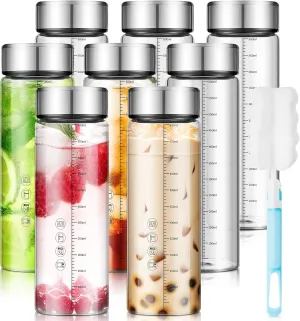Vesici 20 oz Glass Water Bottles with Lids Wide Mouth Clear Reusable Glass Juice Bottles with Scale for Juicing, Smoothies, Milk, Protein, Beverage Storage, Stainless Steel Lids, Borosilicate