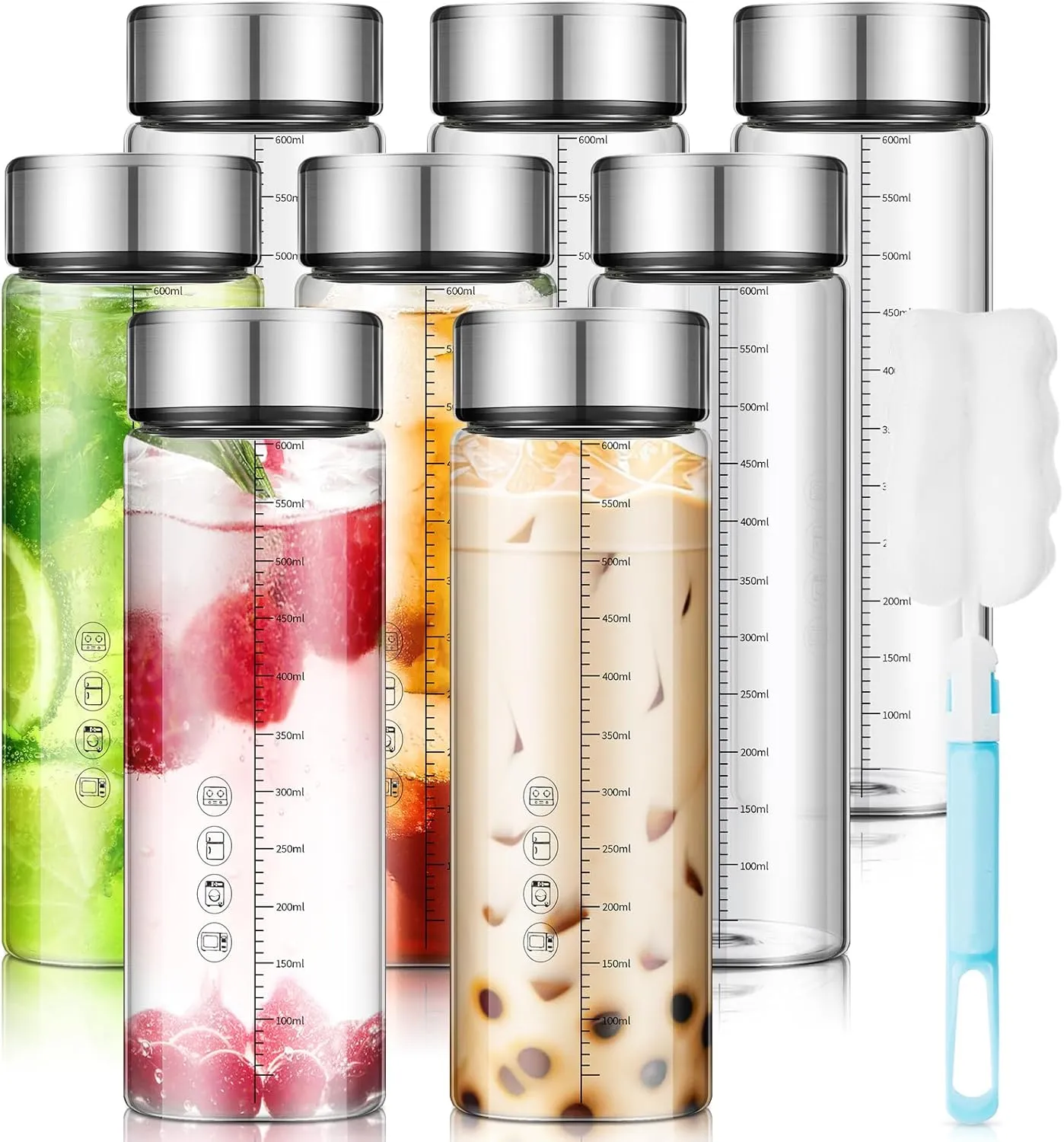 Vesici 20 oz Glass Water Bottles with Lids Wide Mouth Clear Reusable Glass Juice Bottles with Scale for Juicing, Smoothies, Milk, Protein, Beverage Storage, Stainless Steel Lids, Borosilicate