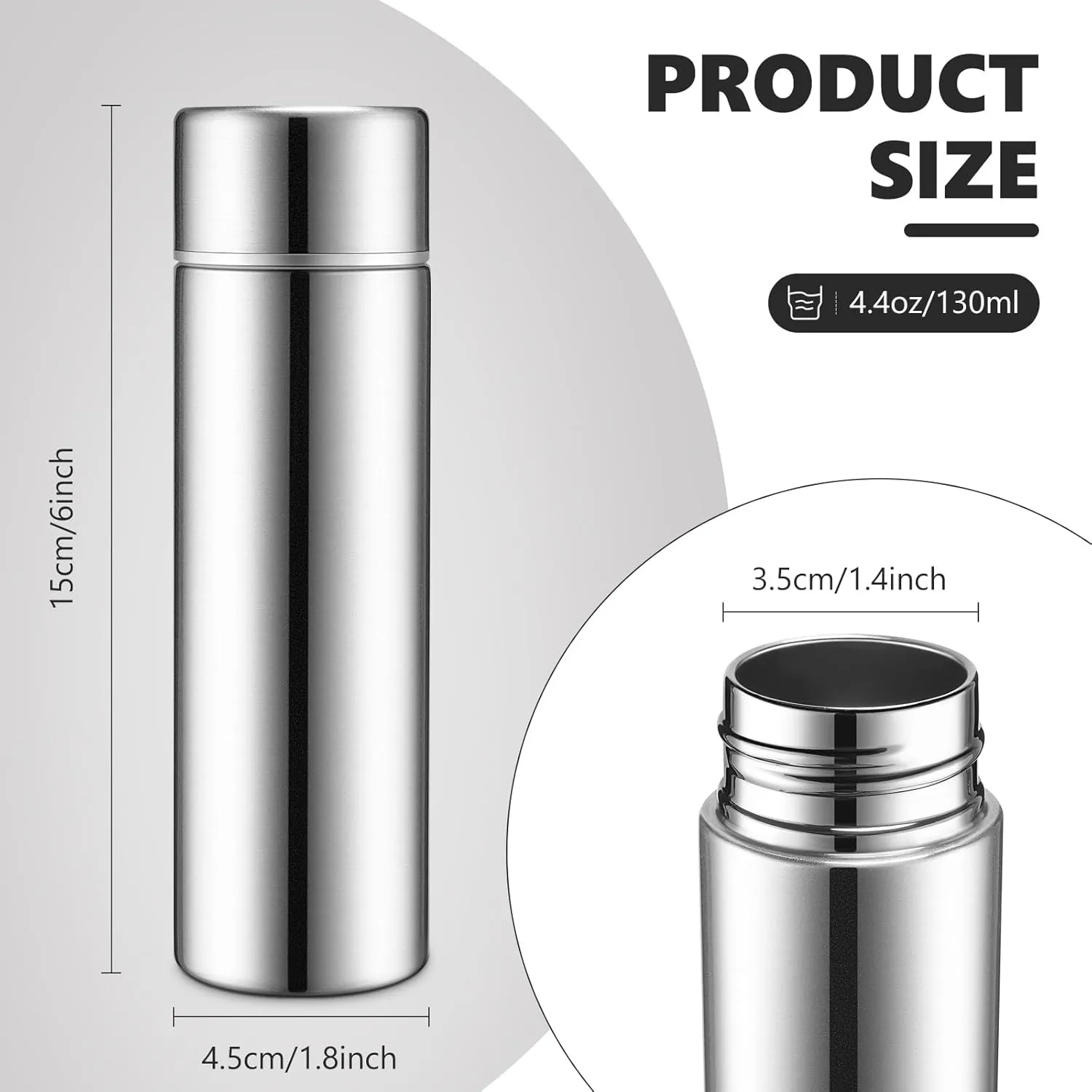 Vesici Mini Water Bottles 4.4 oz Cute Small Insulated Stainless Steel Purse Water Bottles Pocket Slim Flask Keeps Drink Cold and Hot for Women Lunch Bag Coffee(Silver,2 Pack)
