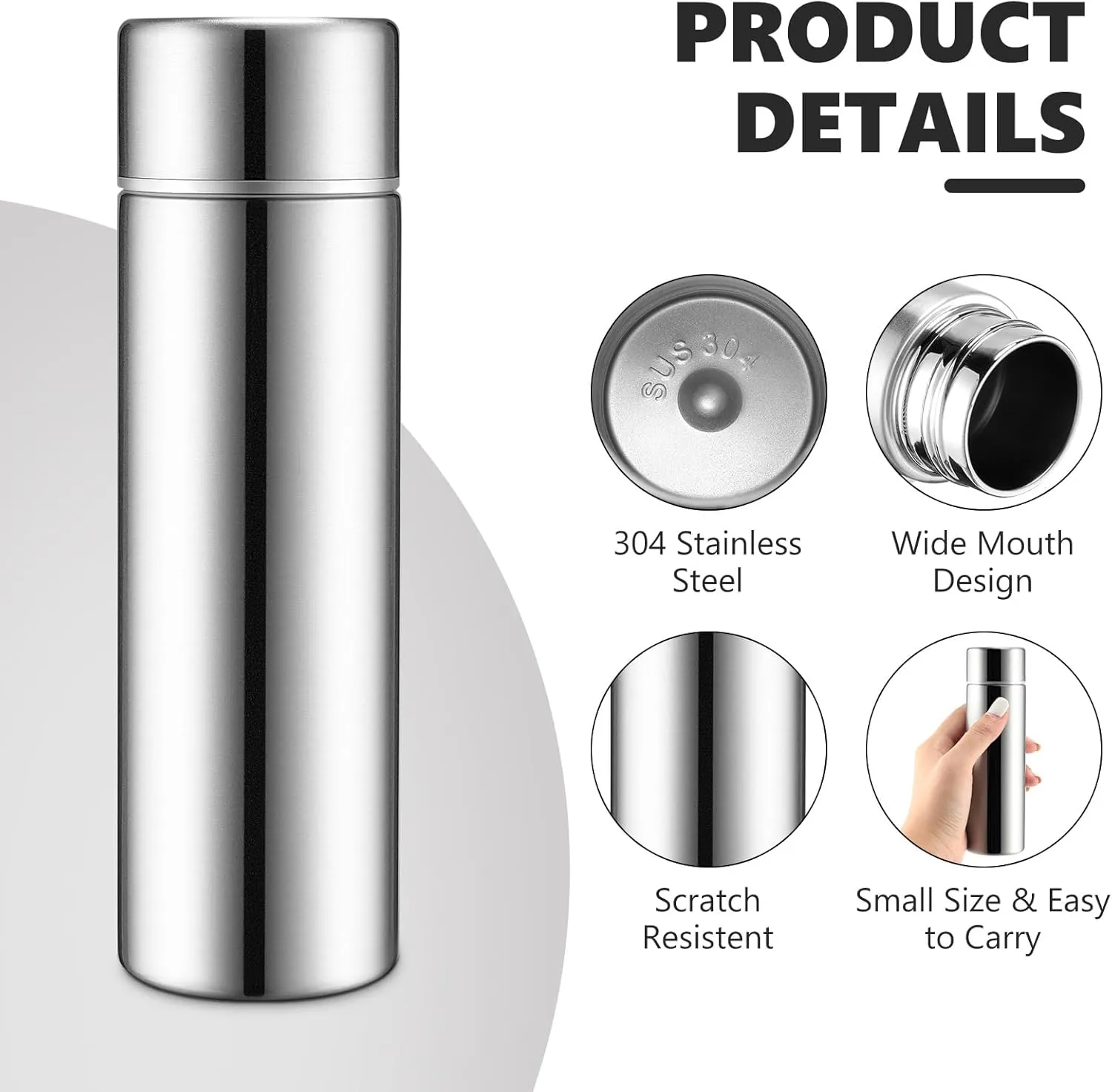 Vesici Mini Water Bottles 4.4 oz Cute Small Insulated Stainless Steel Purse Water Bottles Pocket Slim Flask Keeps Drink Cold and Hot for Women Lunch Bag Coffee(Silver,2 Pack)