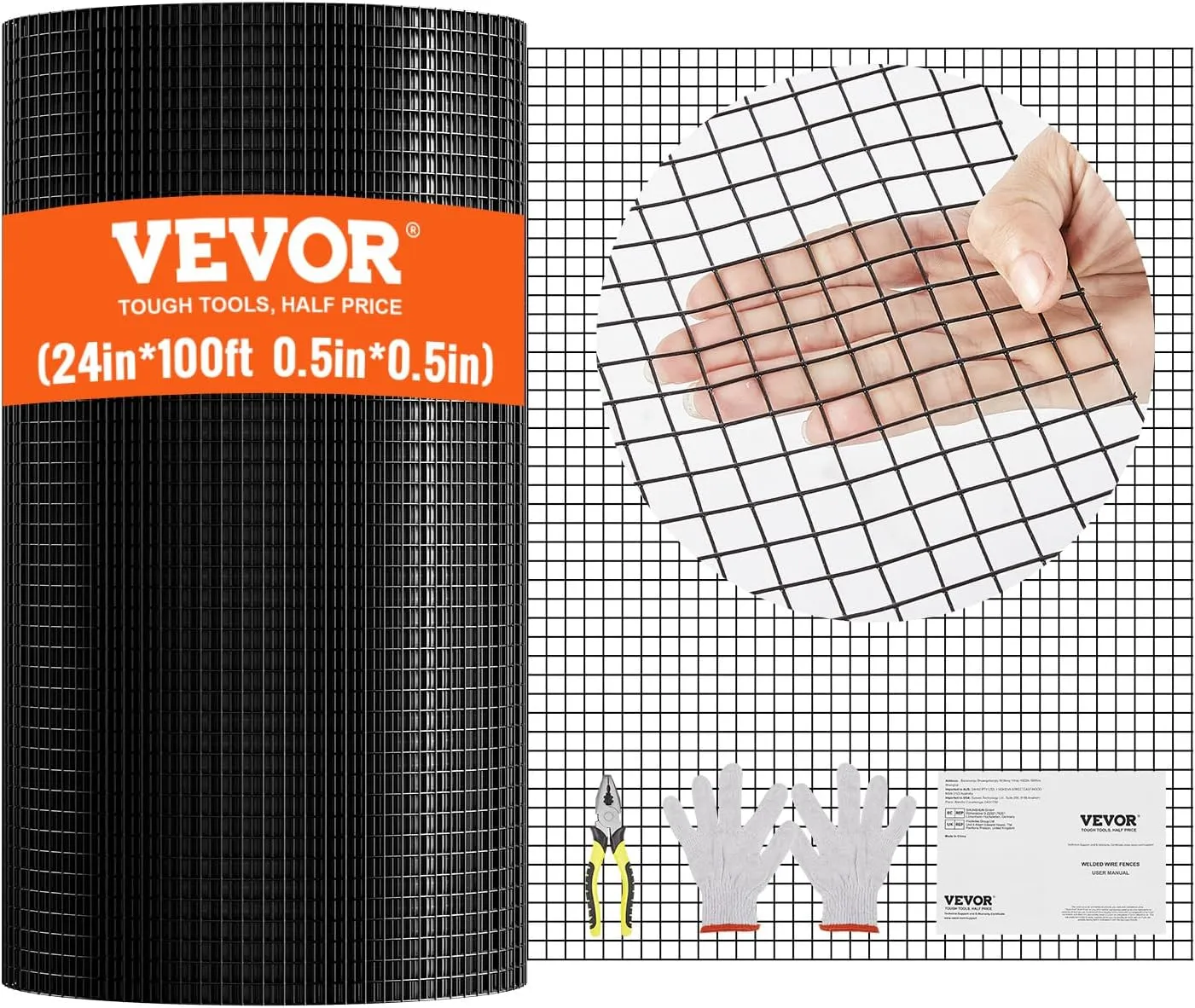 VEVOR Hardware Cloth, 24'' x 100' 1/2 inch Galvanized Wire Mesh Roll, 19 Gauge Chicken Wire Fencing Roll, Vinyl Metal Wire Mesh for Chicken Coop Barrier, Rabbit Snake Fences, Poultry Enclosures
