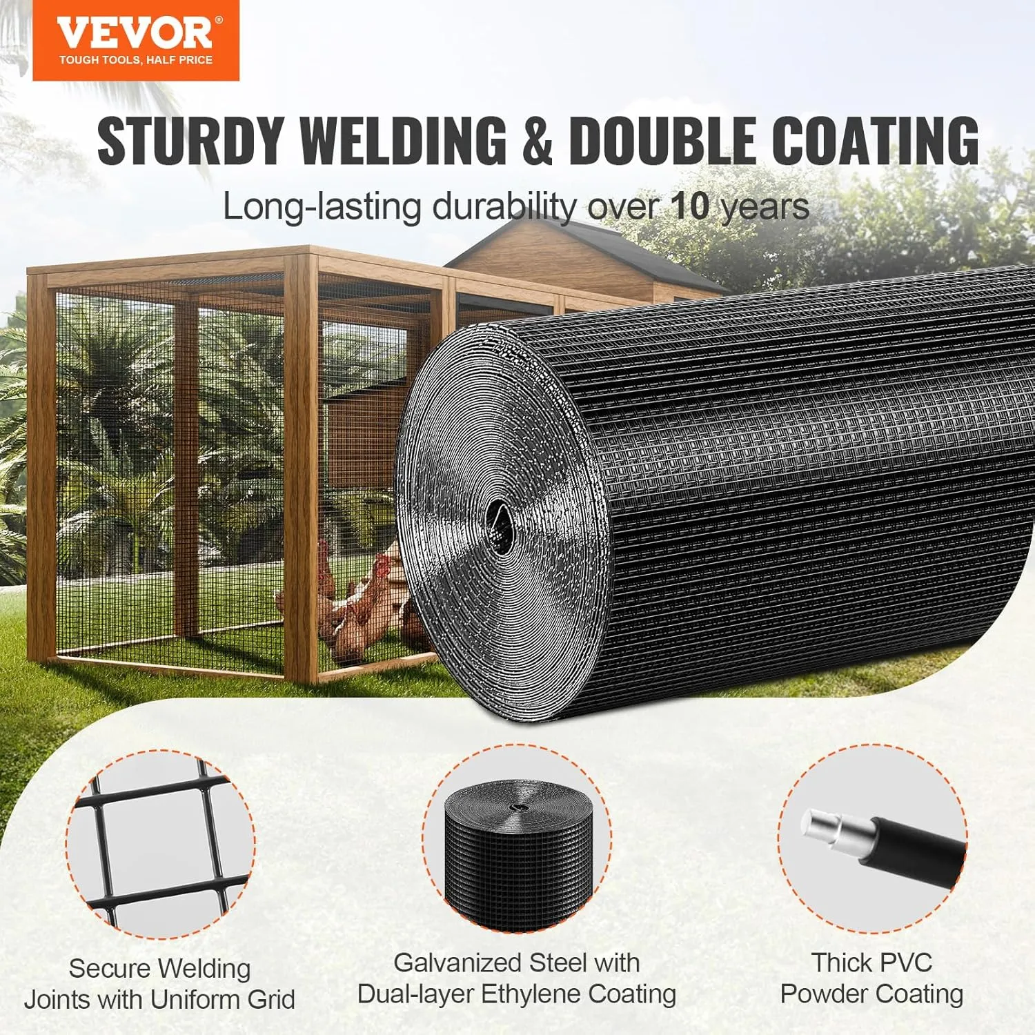 VEVOR Hardware Cloth, 24'' x 100' 1/2 inch Galvanized Wire Mesh Roll, 19 Gauge Chicken Wire Fencing Roll, Vinyl Metal Wire Mesh for Chicken Coop Barrier, Rabbit Snake Fences, Poultry Enclosures