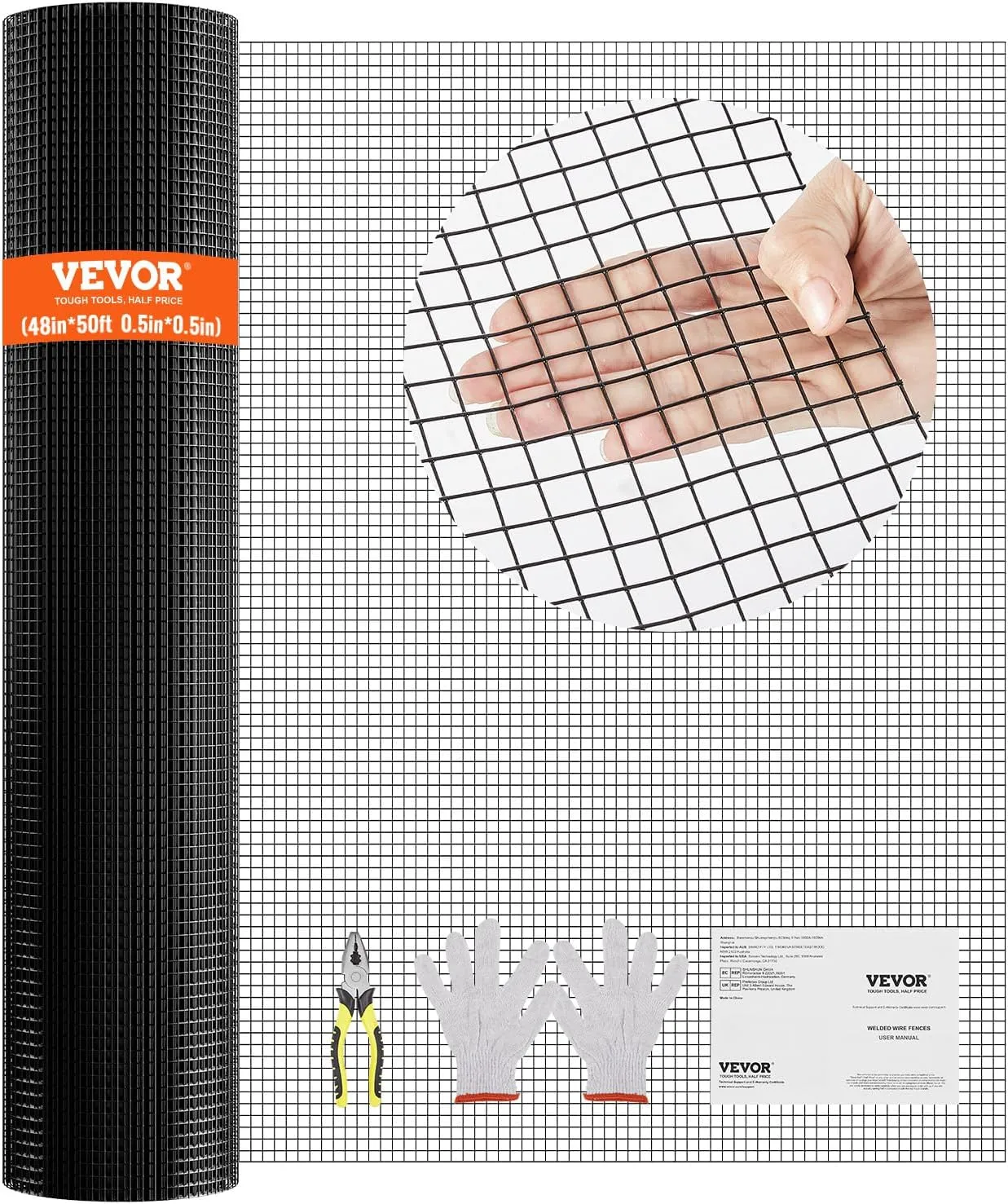 VEVOR Hardware Cloth, 48'' x 50' 1/2inch Galvanized Wire Mesh Roll, 19 Gauge Chicken Wire Fence Roll, Vinyl Coating Metal Wire Mesh for Chicken Coop Barrier, Rabbit Snake Fences, Poultry Enclosures