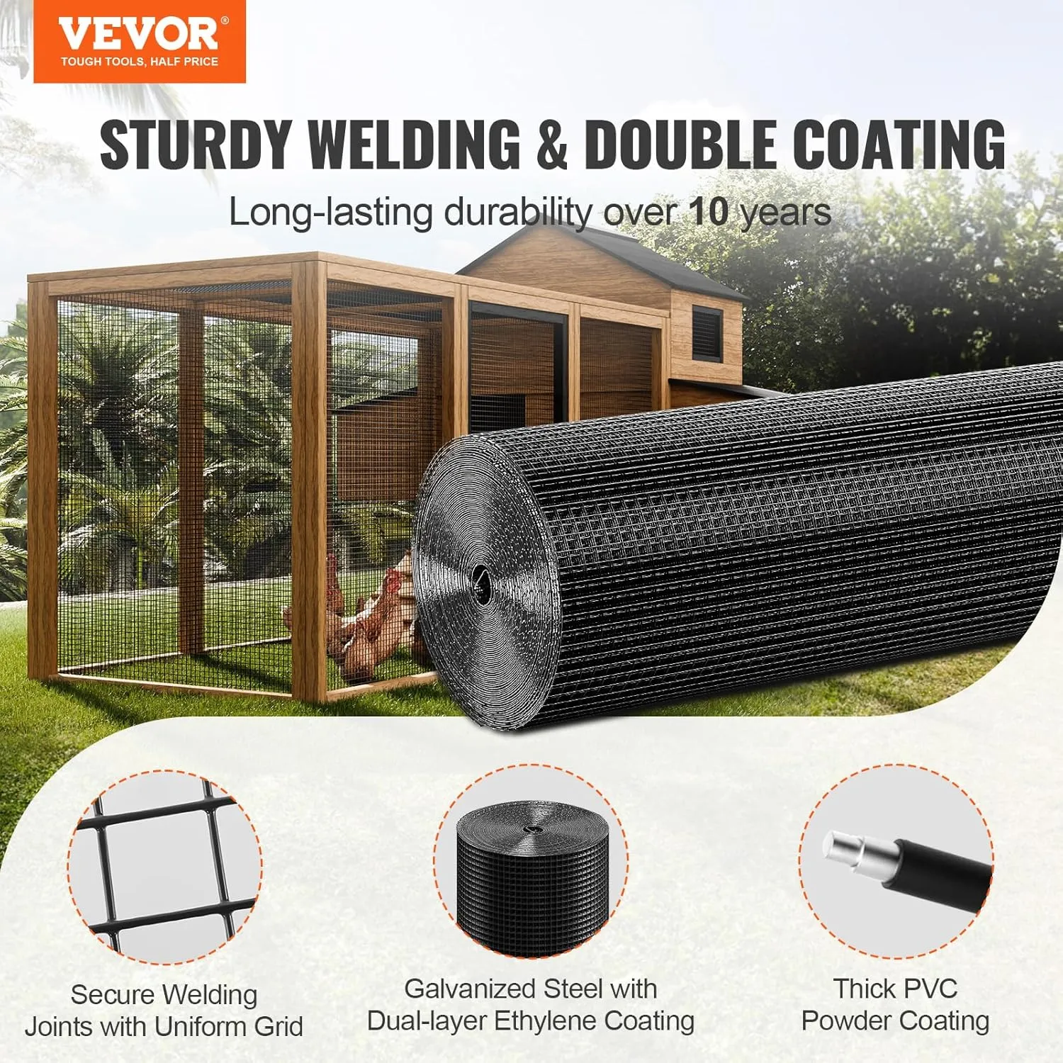 VEVOR Hardware Cloth, 48'' x 50' 1/2inch Galvanized Wire Mesh Roll, 19 Gauge Chicken Wire Fence Roll, Vinyl Coating Metal Wire Mesh for Chicken Coop Barrier, Rabbit Snake Fences, Poultry Enclosures