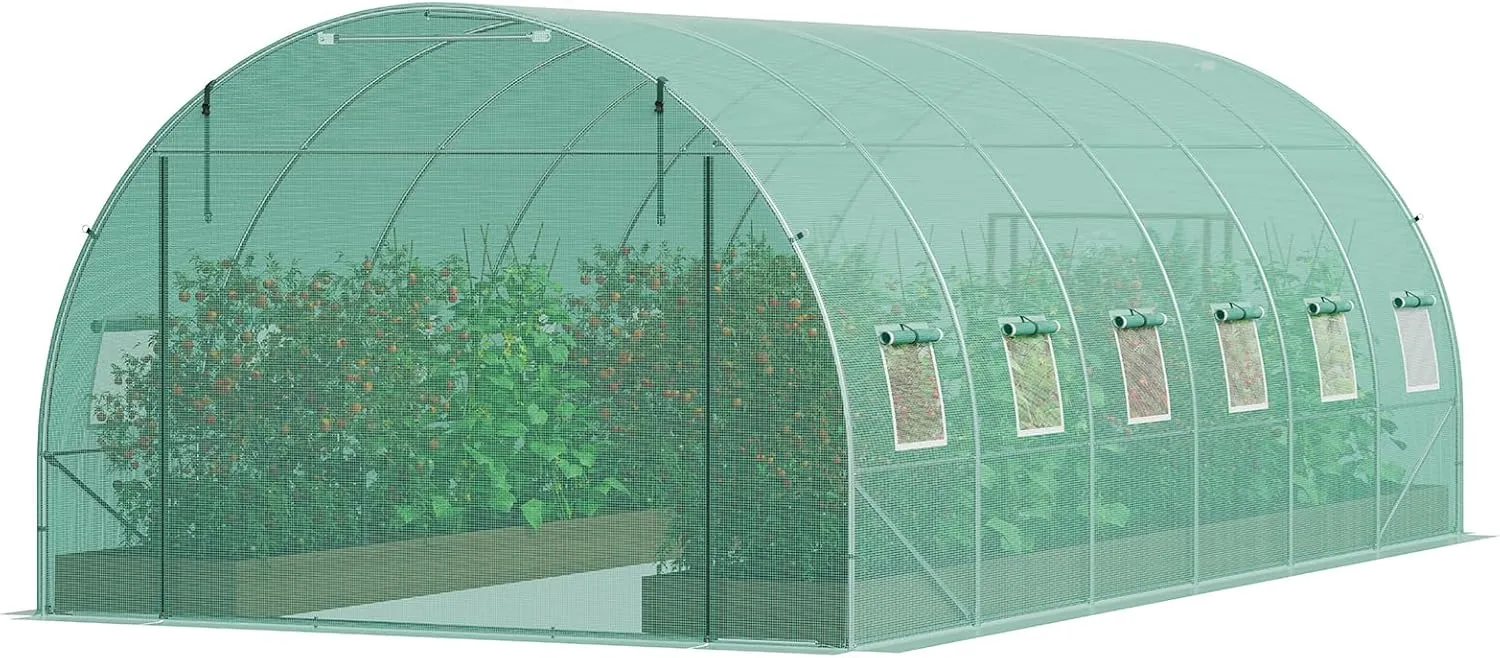 VEVOR Walk-in Tunnel Greenhouse, 19.4x9.7x6.5 ft Hoop House Greenhouse Tunnel, Plant Hot House with Galvanized Steel Frame, Green PE Cover, Roll-up Zipper Door and 12 Windows for Outdoor