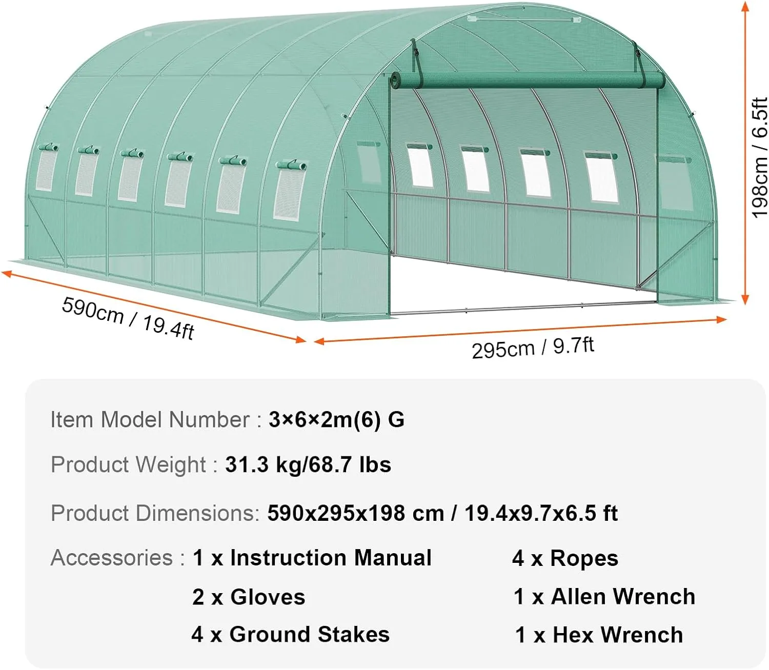 VEVOR Walk-in Tunnel Greenhouse, 19.4x9.7x6.5 ft Hoop House Greenhouse Tunnel, Plant Hot House with Galvanized Steel Frame, Green PE Cover, Roll-up Zipper Door and 12 Windows for Outdoor