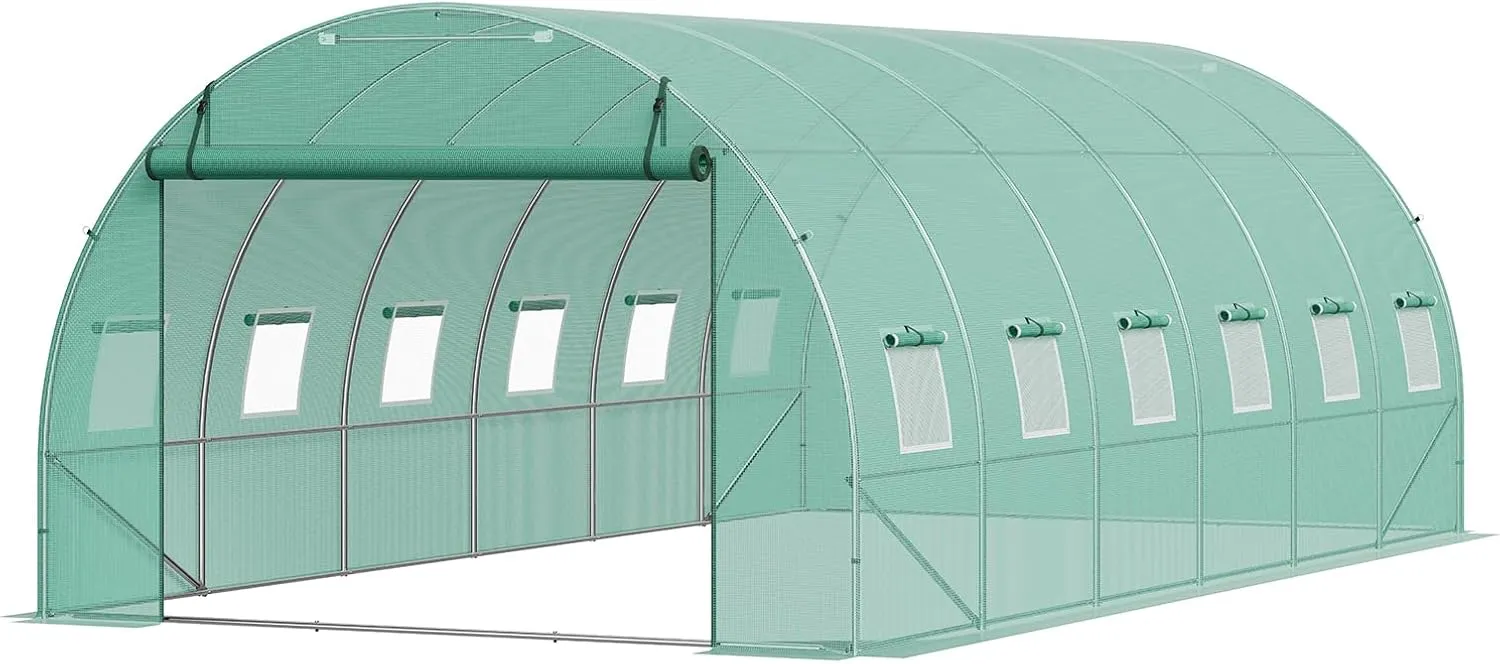 VEVOR Walk-in Tunnel Greenhouse, 19.4x9.7x6.5 ft Hoop House Greenhouse Tunnel, Plant Hot House with Galvanized Steel Frame, Green PE Cover, Roll-up Zipper Door and 12 Windows for Outdoor