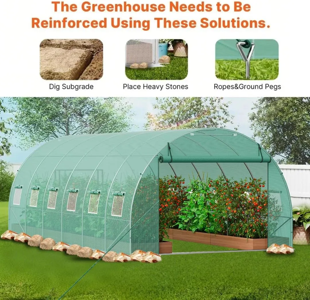 VEVOR Walk-in Tunnel Greenhouse, 19.4x9.7x6.5 ft Hoop House Greenhouse Tunnel, Plant Hot House with Galvanized Steel Frame, Green PE Cover, Roll-up Zipper Door and 12 Windows for Outdoor
