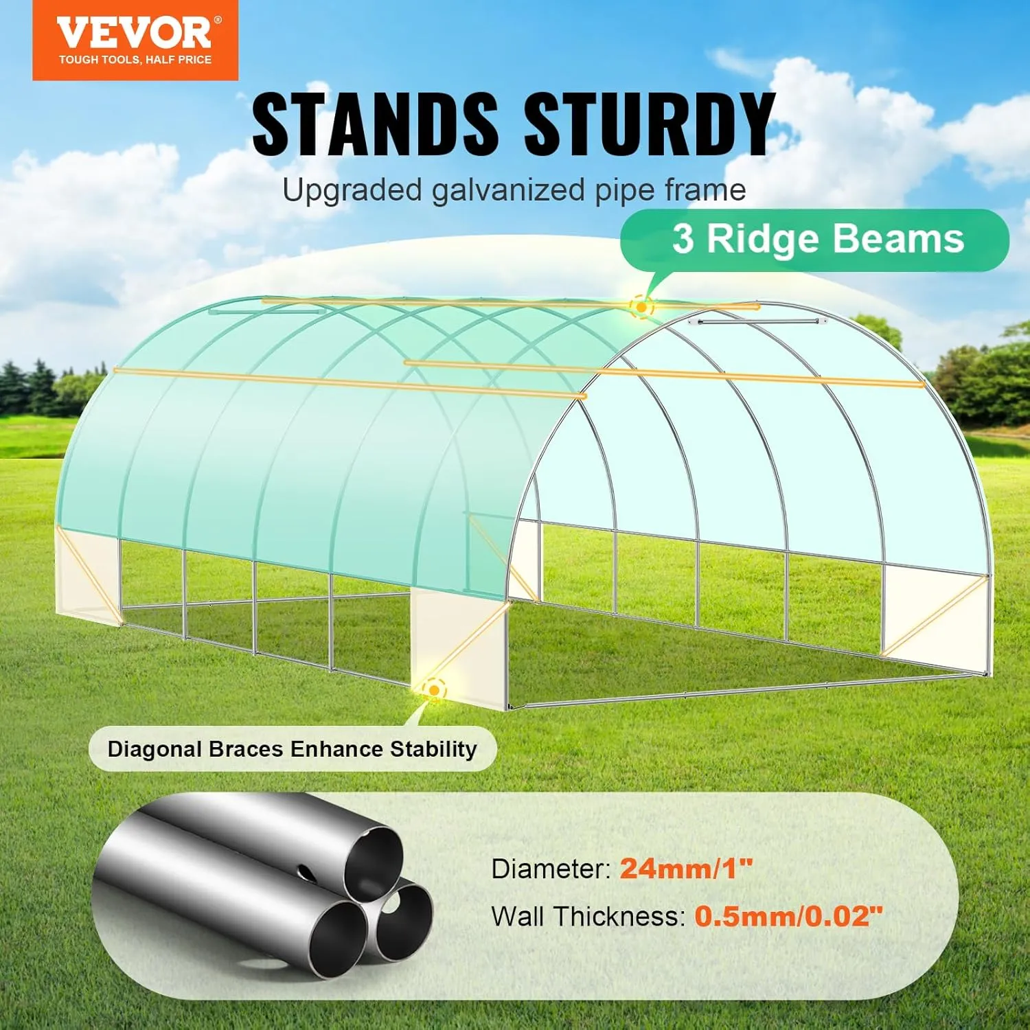 VEVOR Walk-in Tunnel Greenhouse, 19.4x9.7x6.5 ft Hoop House Greenhouse Tunnel, Plant Hot House with Galvanized Steel Frame, Green PE Cover, Roll-up Zipper Door and 12 Windows for Outdoor