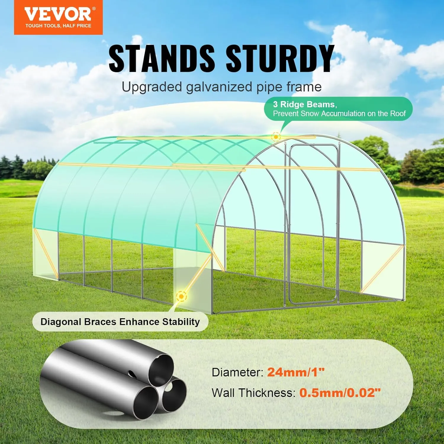 VEVOR Walk-in Tunnel Greenhouse, 19.4x9.7x7.4 ft Hoop House Greenhouse Tunnel, Plant Hot House with Galvanized Steel Frame, Green PE Cover, Swing Door and 12 Roll-up Windows for Outdoor