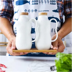Vinegar Bottle Anti-Leakage, Vintage Olive Oil Dispenser Bottle Ceramic, Oil Bottle with Wood lid Soy Sauce Vinegar Cruet(A) (B)