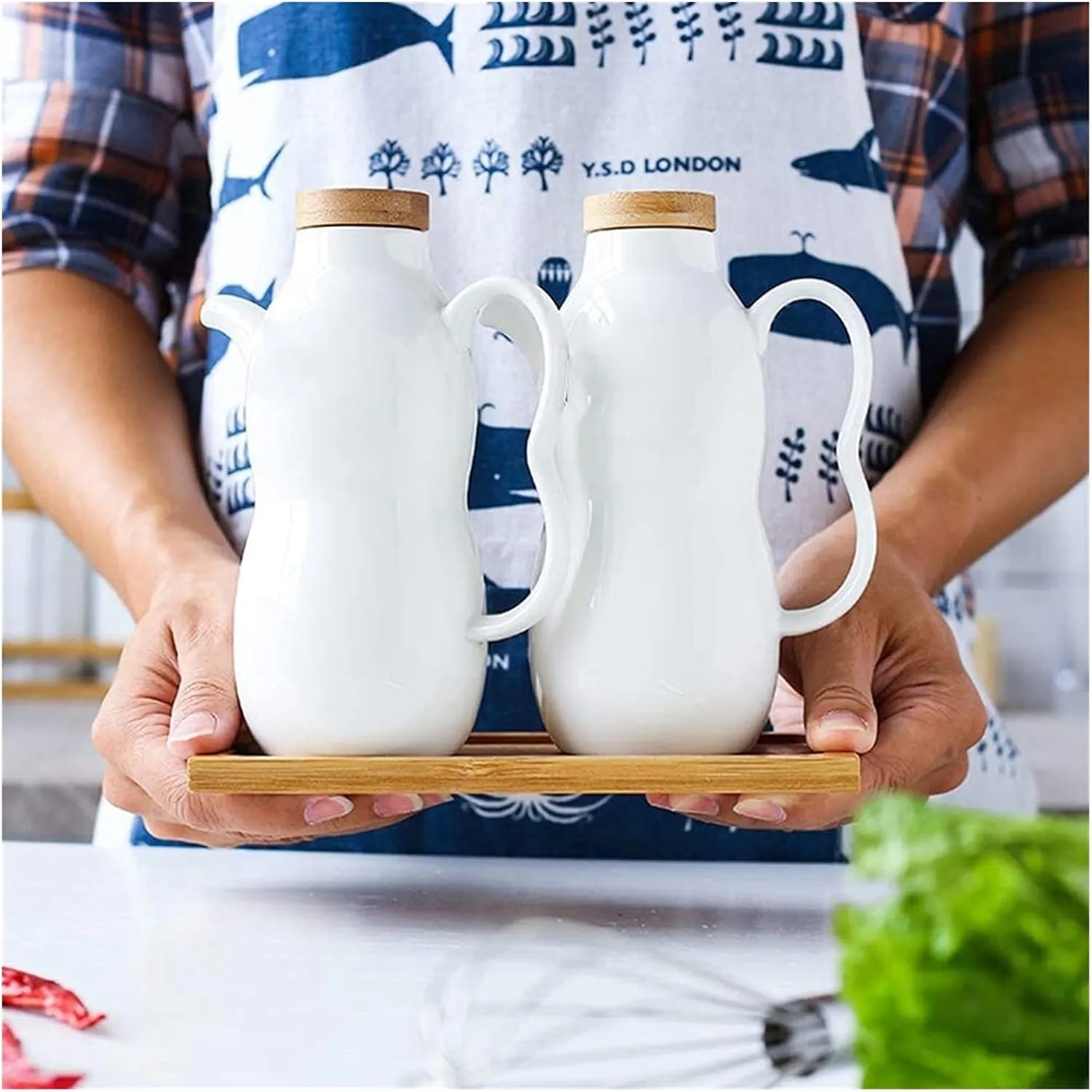 Vinegar Bottle Anti-Leakage, Vintage Olive Oil Dispenser Bottle Ceramic, Oil Bottle with Wood lid Soy Sauce Vinegar Cruet(A) (B)