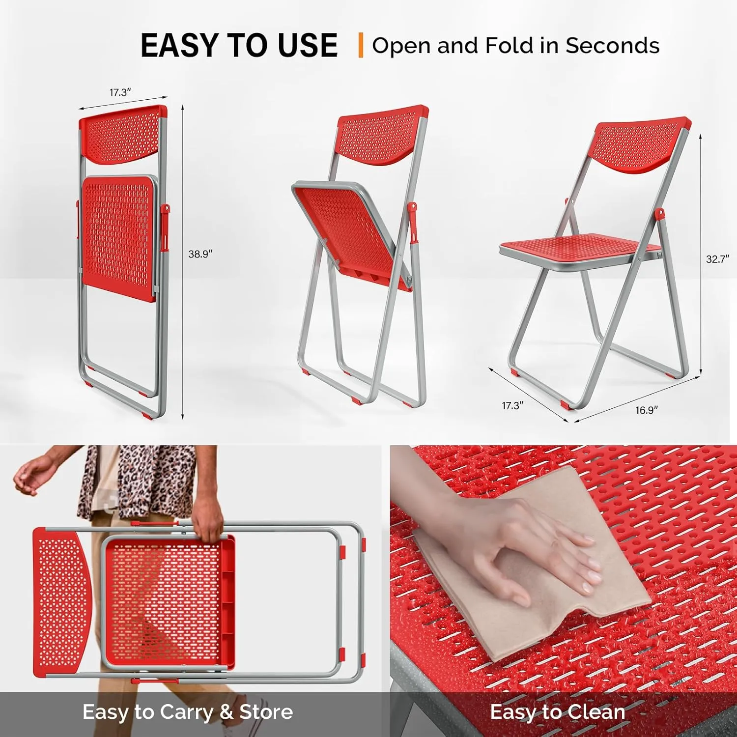 VINGLI Plastic Folding Chairs, Comfortable Foldable Chair with Breathable Mesh Seat and Sturdy Metal Frame 350lbs Capacity for Indoor and Outdoor Use, Party, Event, Office, Dining, Red, 6 Pack