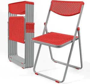VINGLI Plastic Folding Chairs, Comfortable Foldable Chair with Breathable Mesh Seat and Sturdy Metal Frame 350lbs Capacity for Indoor and Outdoor Use, Party, Event, Office, Dining, Red, 6 Pack