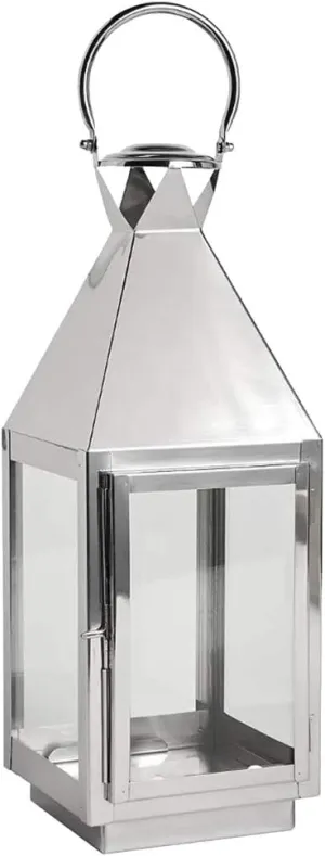Vintage Style Polished Silver Tone Hanging Candle Lantern with Tempered Glass - 15" High for Indoor/Outdoor Events, Parties, and Weddings