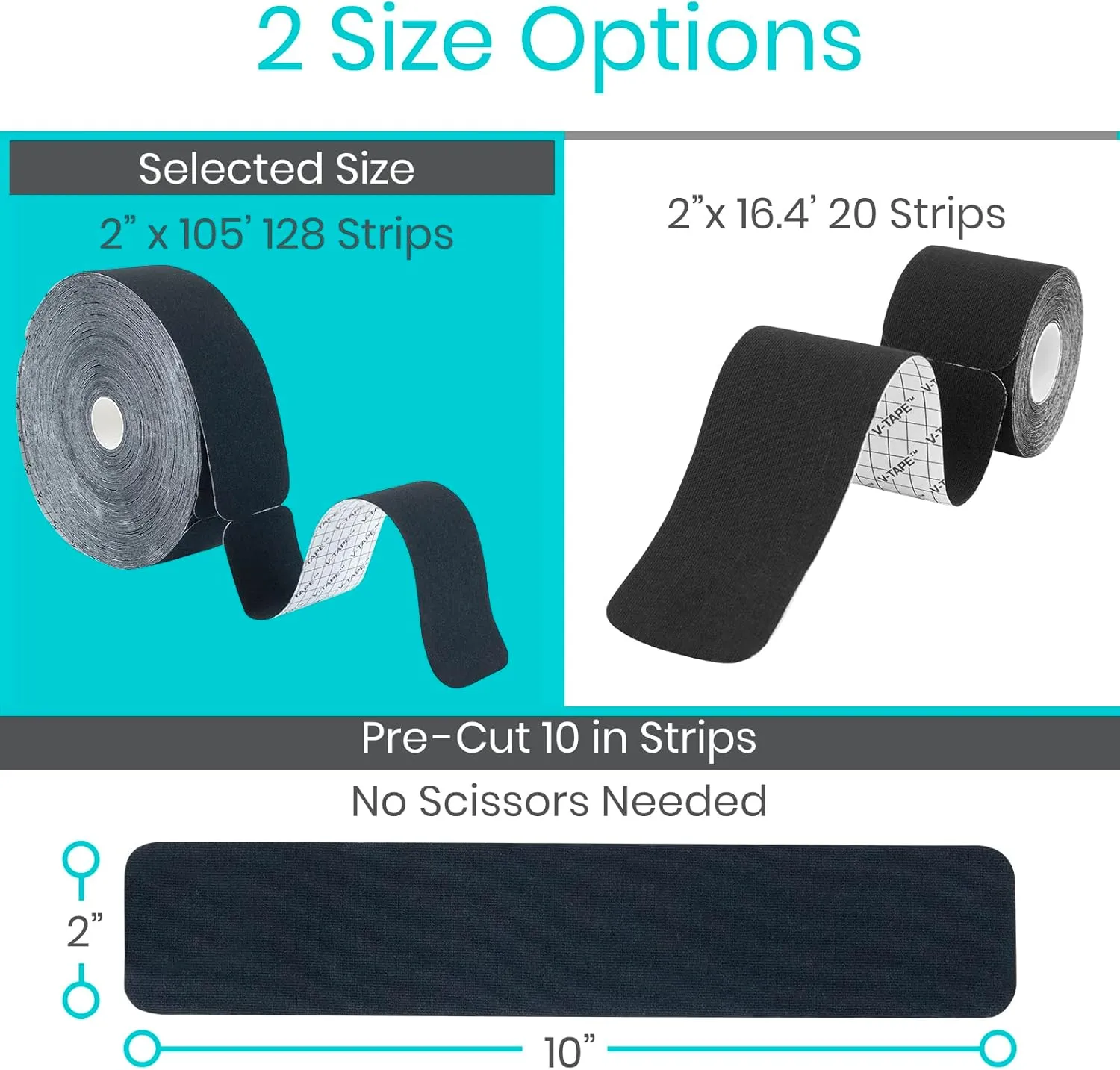 Vive Kinesiology Tape Roll - Tape Precut Strips (2" x 105 Feet/128 Strips) - Kinesio Sports Tape Athletic - Knee, Shoulder, Ankle, Muscle K Tape Adhesive Elastic Wrap - Body Kinetic Tape Waterproof