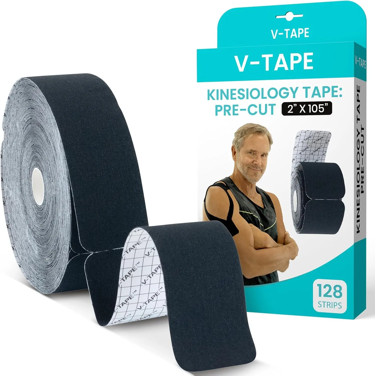 Vive Kinesiology Tape Roll - Tape Precut Strips (2" x 105 Feet/128 Strips) - Kinesio Sports Tape Athletic - Knee, Shoulder, Ankle, Muscle K Tape Adhesive Elastic Wrap - Body Kinetic Tape Waterproof