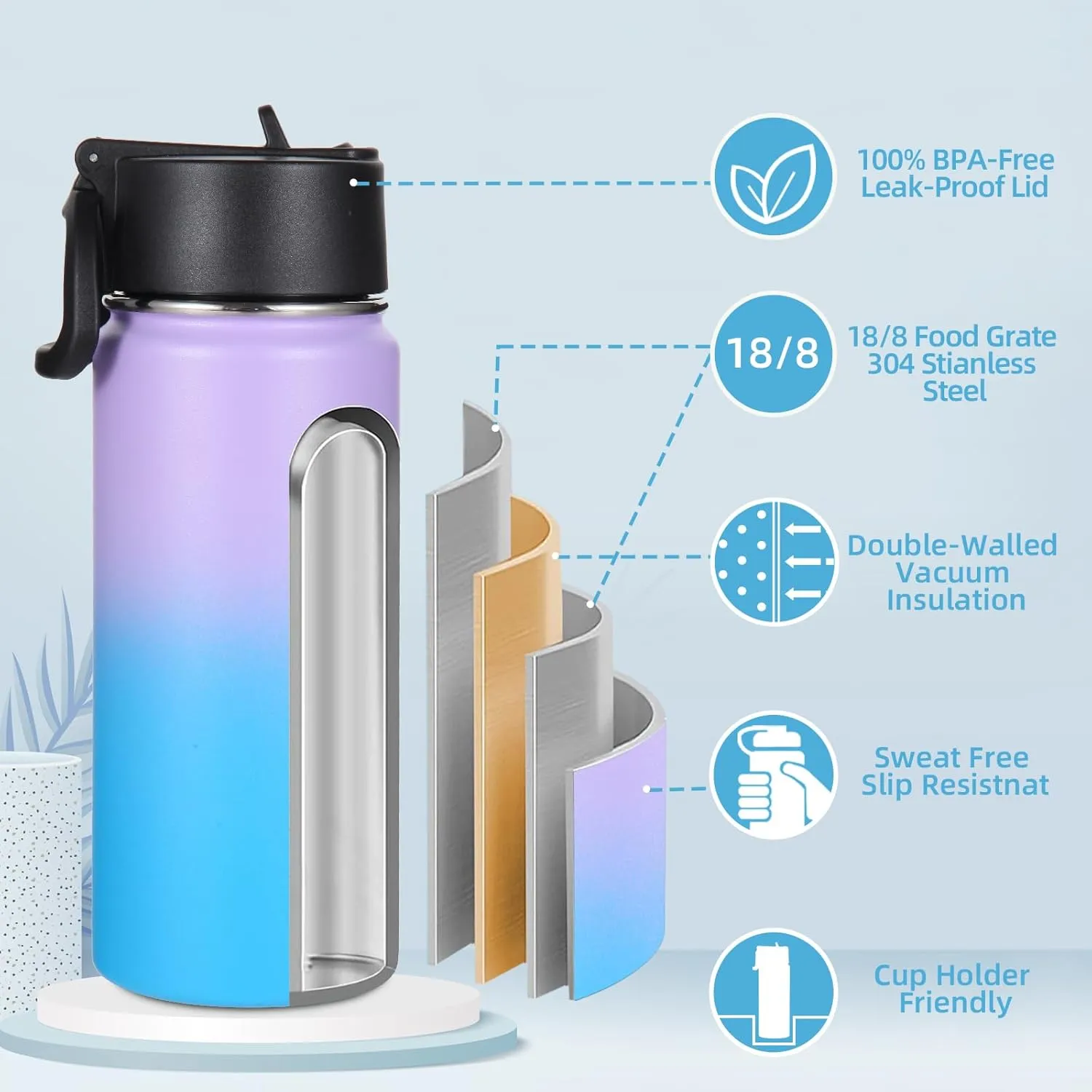 Volhoply 16 OZ Kids Water Bottle Bulk 4 Pack,Insulated Sports Bottles with Straw Lid,Stainless Steel Bottle with Handle Keep Cold,Double Wall Vacuum Tumbler Cups for School,Girls(Assorted,Set of 4)