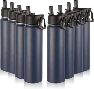 Volhoply 24oz Insulated Water Bottle with Straw Bulk 8 Pack,Metal Wide Mouth Water Bottles with Handle Lid Keep Cold,Reusable Double Wall Cups,Powder Coated Sport Bottle For Holder(Navy,8 Count)