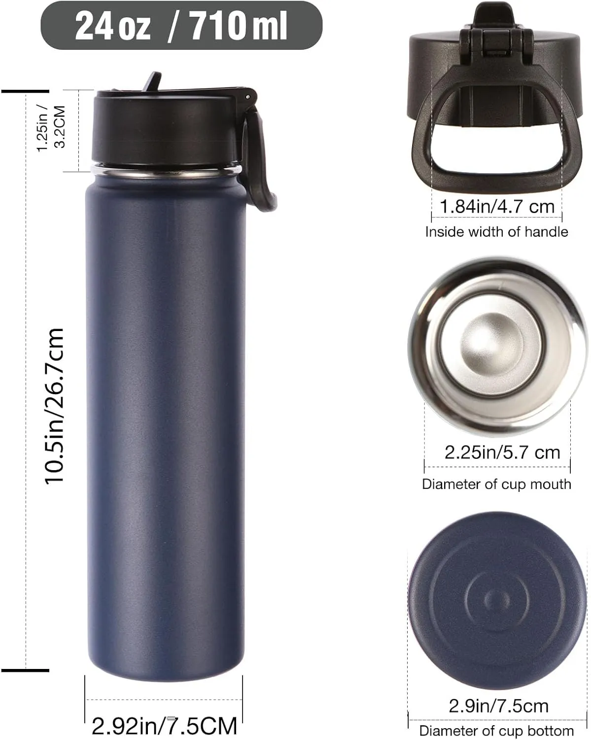 Volhoply 24oz Insulated Water Bottle with Straw Bulk 8 Pack,Metal Wide Mouth Water Bottles with Handle Lid Keep Cold,Reusable Double Wall Cups,Powder Coated Sport Bottle For Holder(Navy,8 Count)