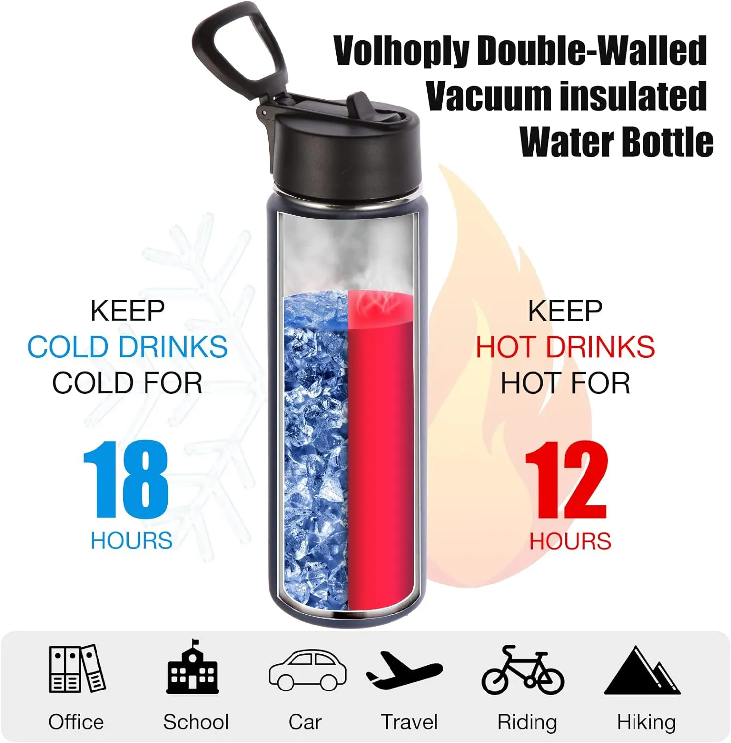 Volhoply 24oz Insulated Water Bottle with Straw Bulk 8 Pack,Metal Wide Mouth Water Bottles with Handle Lid Keep Cold,Reusable Double Wall Cups,Powder Coated Sport Bottle For Holder(Navy,8 Count)