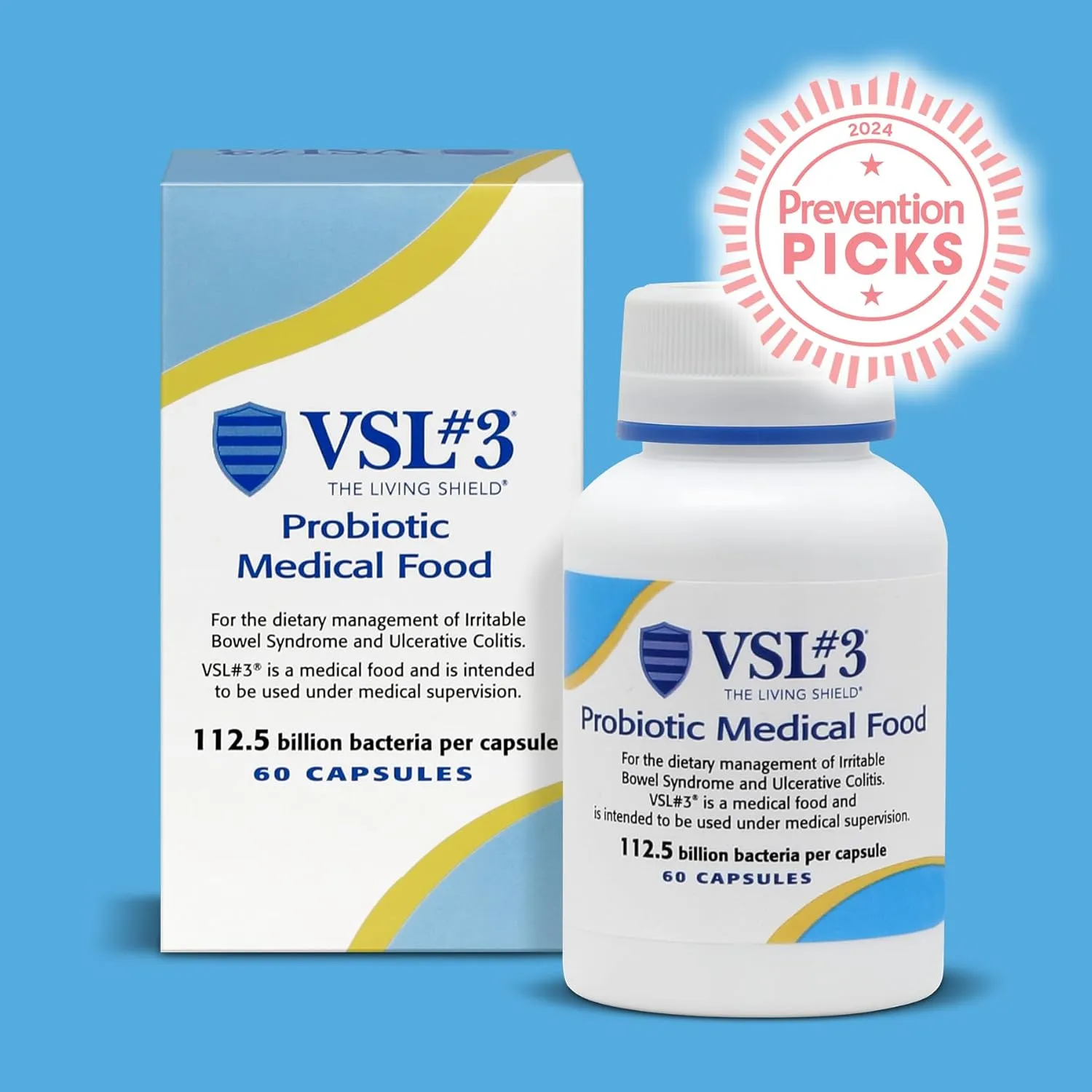 VSL #3® Probiotics for Digestive Health, IBS & UC Symptoms - 112.5B CFUs, High-Potency, Multi-Strain, Live, Refrigerated Probiotic, Medical Food for Gut Health Support in Men & Women, 60 Capsules