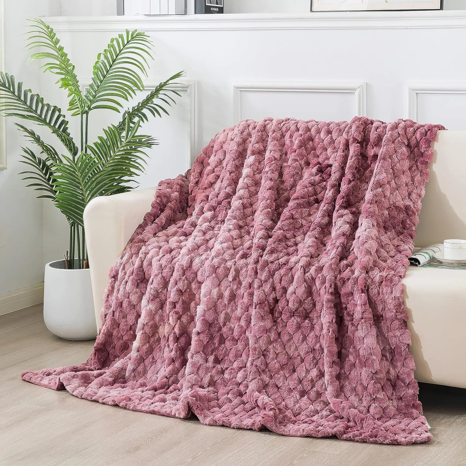 Wajade Plush Faux Fur Throw Blanket, Soft Diamond Pattern Jacquard Double-Layered Fluffy Fleece Blanket for All Seasons Cozy Decorative Blanket for Couch Bed Sofa, 60 x 80 inches, Cameo