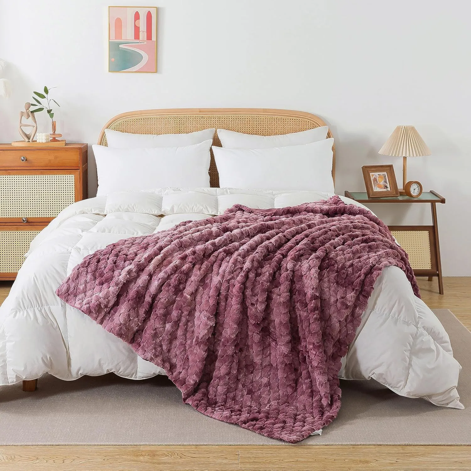 Wajade Plush Faux Fur Throw Blanket, Soft Diamond Pattern Jacquard Double-Layered Fluffy Fleece Blanket for All Seasons Cozy Decorative Blanket for Couch Bed Sofa, 60 x 80 inches, Cameo