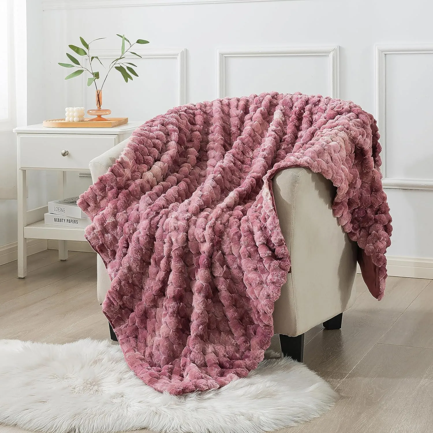 Wajade Plush Faux Fur Throw Blanket, Soft Diamond Pattern Jacquard Double-Layered Fluffy Fleece Blanket for All Seasons Cozy Decorative Blanket for Couch Bed Sofa, 60 x 80 inches, Cameo